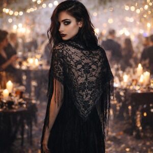 H&M Divided Lace Fringe Shawl Womens S/M Black Floral Gothic Whimsigoth Wrap